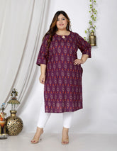 Plus Size Purple Cotton Floral Print Straight Kurta-100043